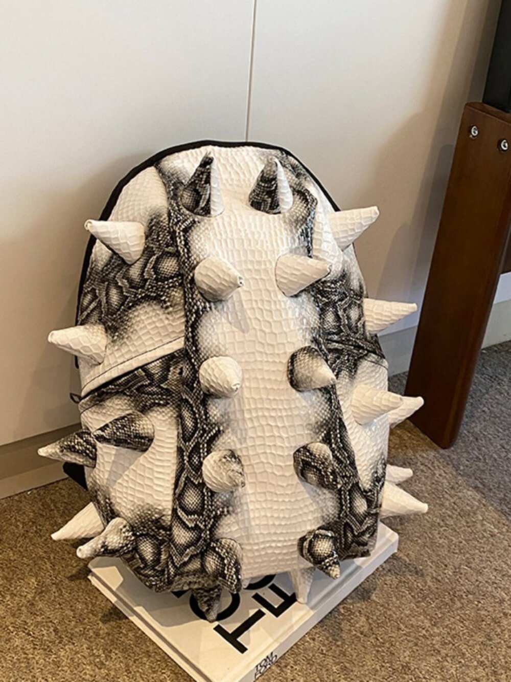 Punk Rock White Snakeskin Spiked 3D Reptile Shell Backpack